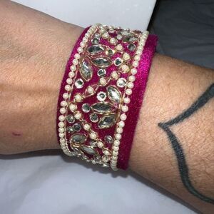 Vintage Velvet Rhinestone and Faux Pearl Cuff Bracelet